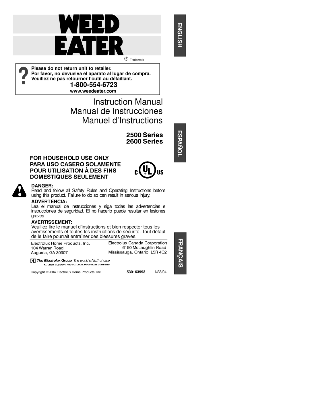 Weed Eater 530163993 instruction manual Manual de Instrucciones Manuel d’Instructions 