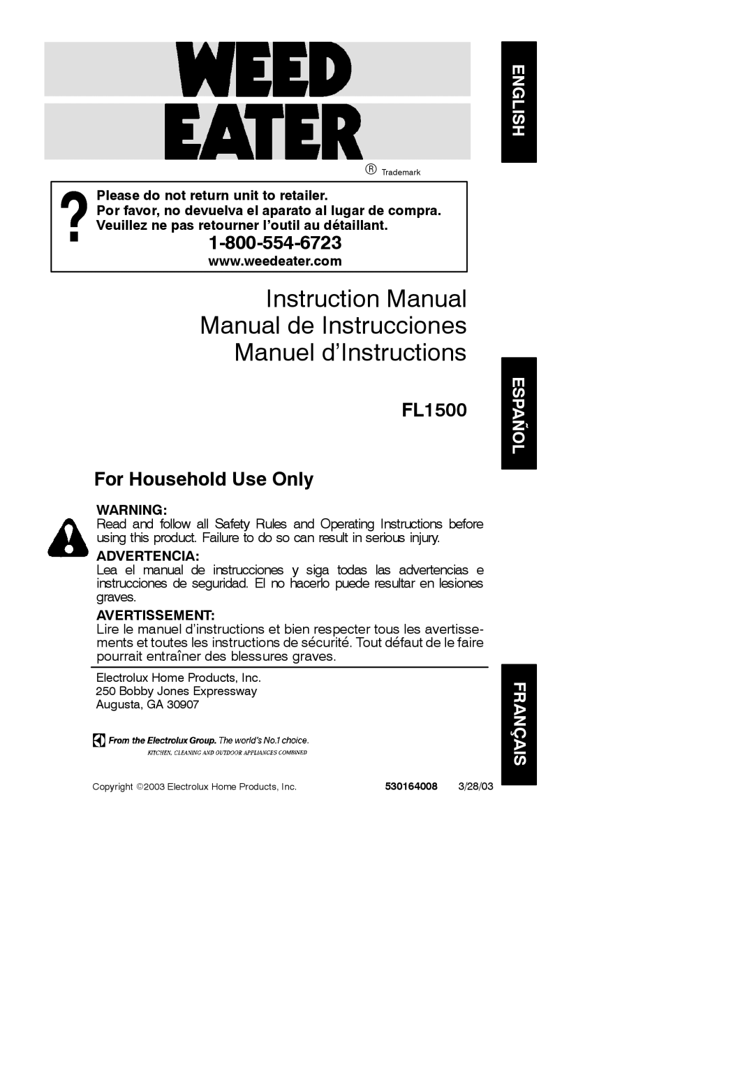 Weed Eater 530164008 instruction manual Manual de Instrucciones Manuel d’Instructions, 28/03 