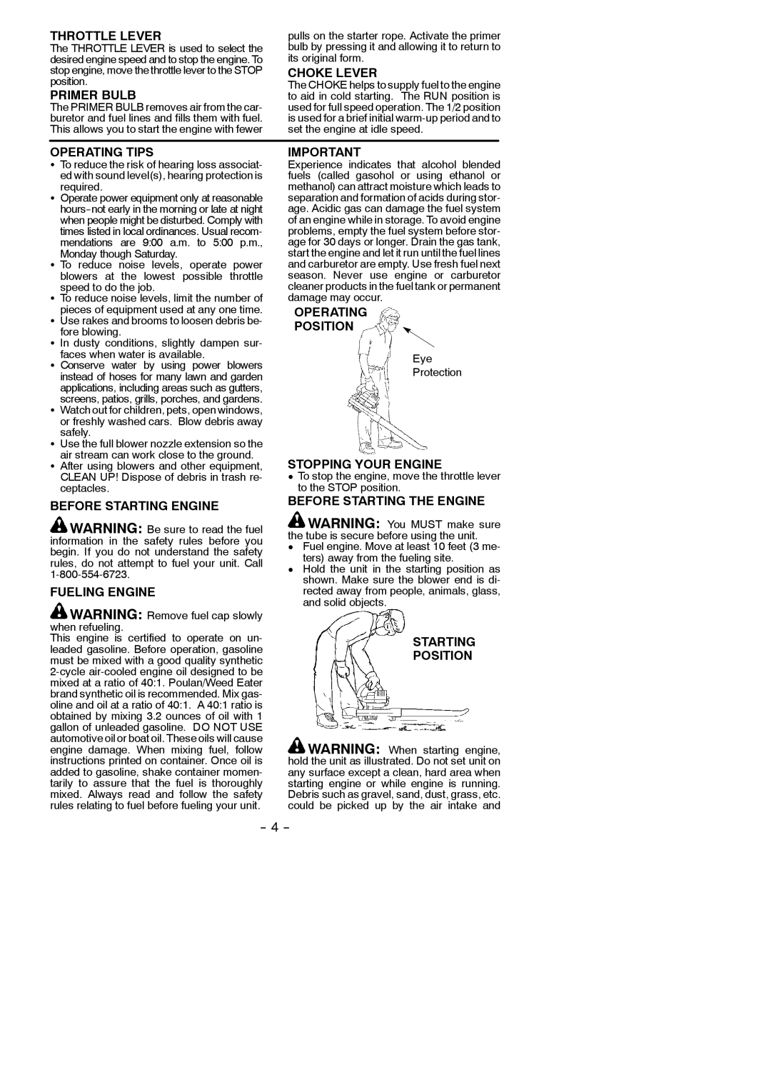 Weed Eater 530164008 Throttle Lever, Primer Bulb, Choke Lever, Operating Tips, Before Starting Engine Fueling Engine 