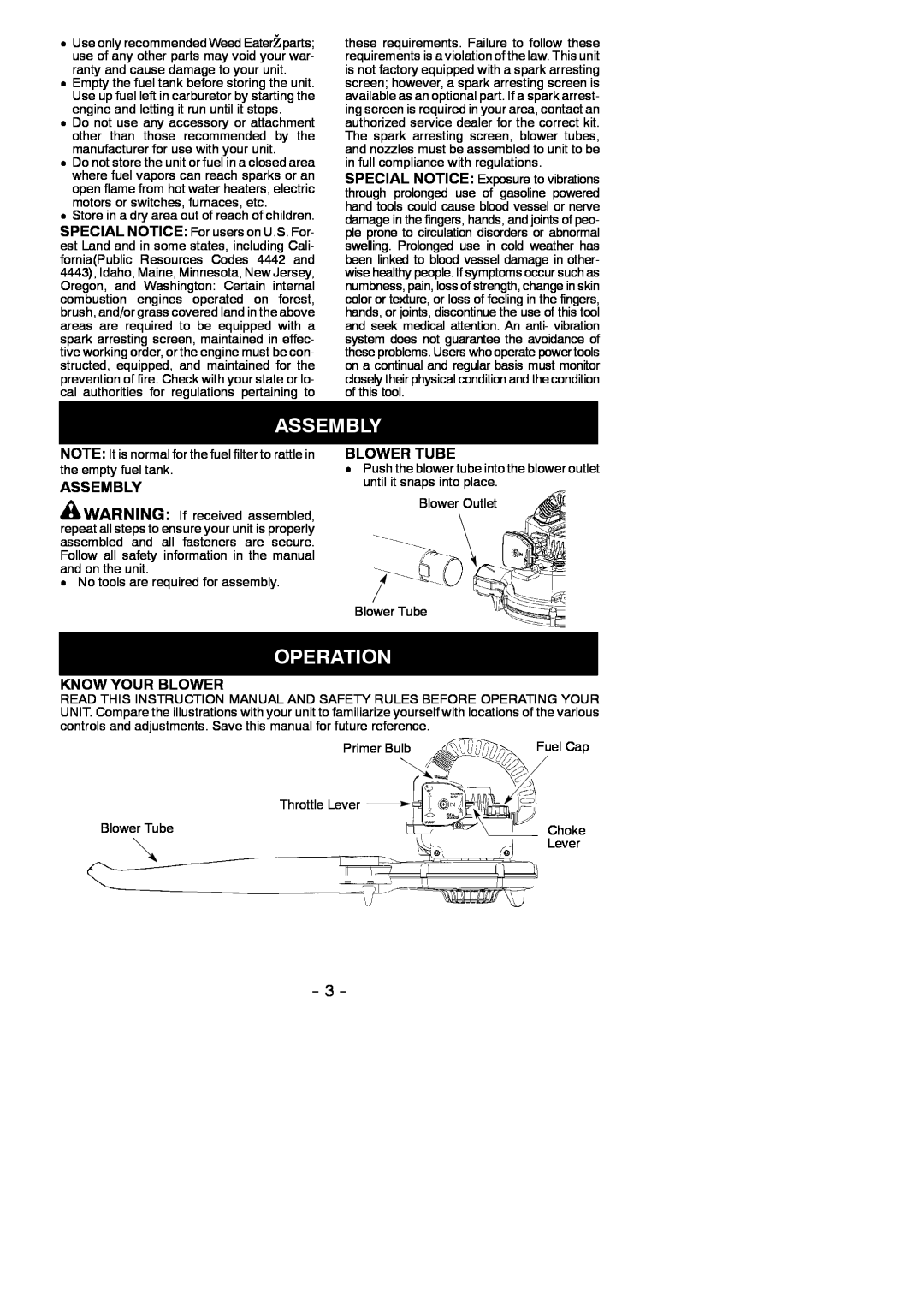Weed Eater 530164008 instruction manual Assembly, Operation, Blower Tube, Know Your Blower 