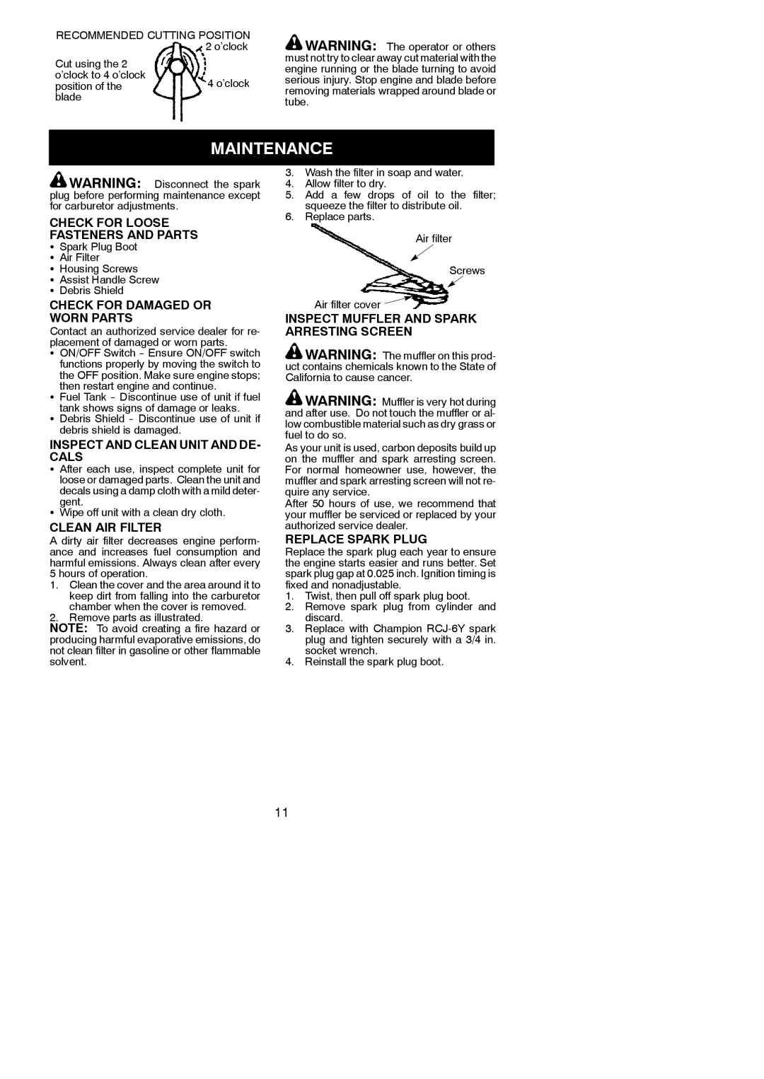 Weed Eater 530164314 instruction manual Maintenance 