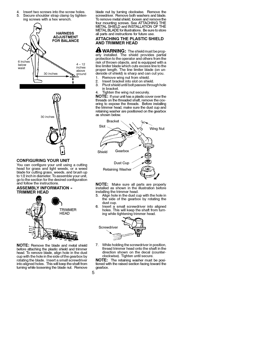 Weed Eater 530164314 instruction manual Attaching the Plastic Shield and Trimmer Head, Configuring Your Unit 