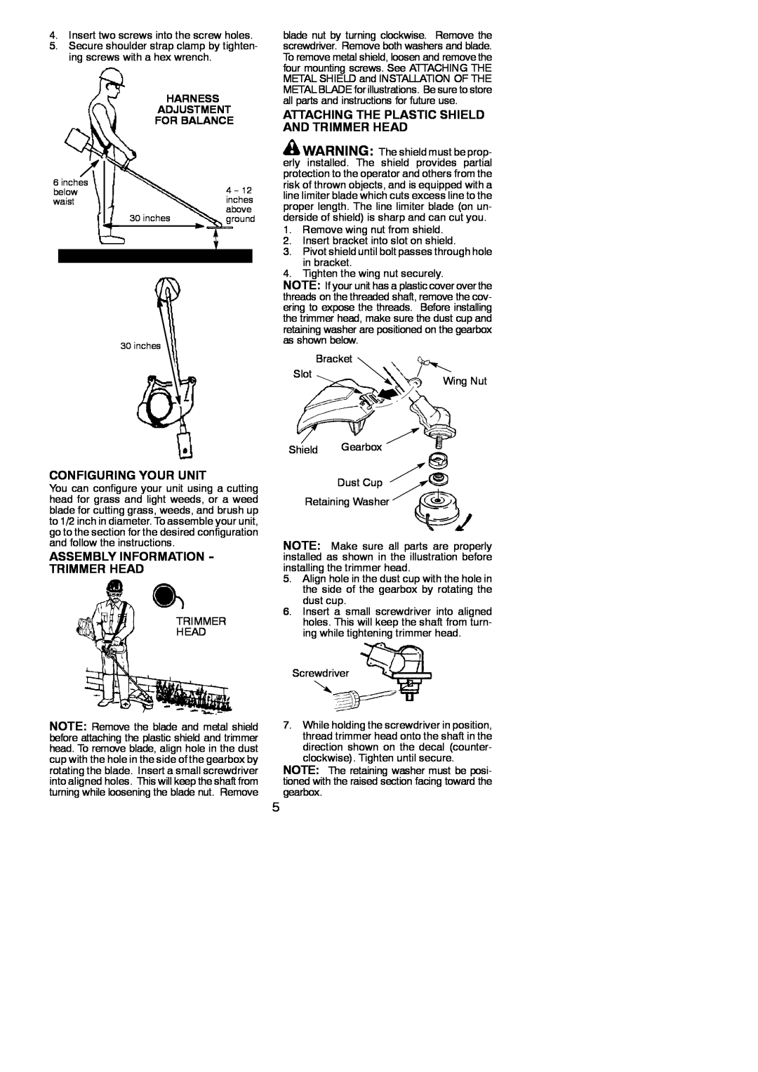 Weed Eater 530164314 Attaching The Plastic Shield And Trimmer Head, Configuring Your Unit, Harness Adjustment For Balance 