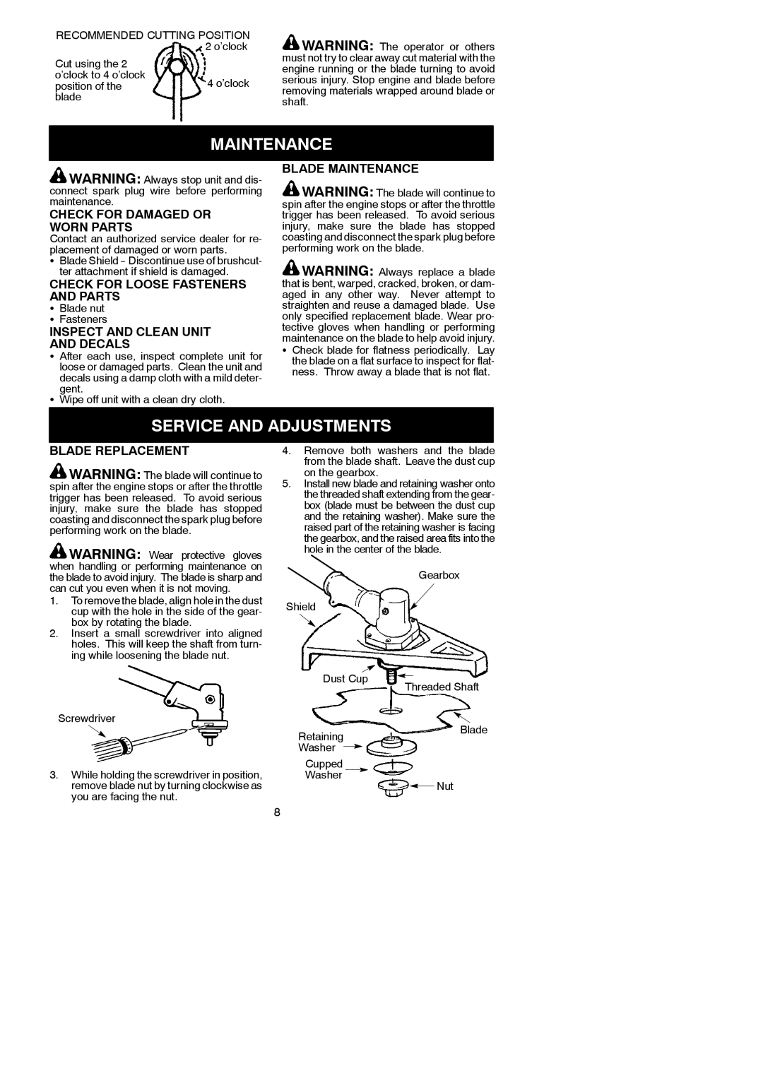 Weed Eater 530164835 instruction manual Maintenance, Service and Adjustments 