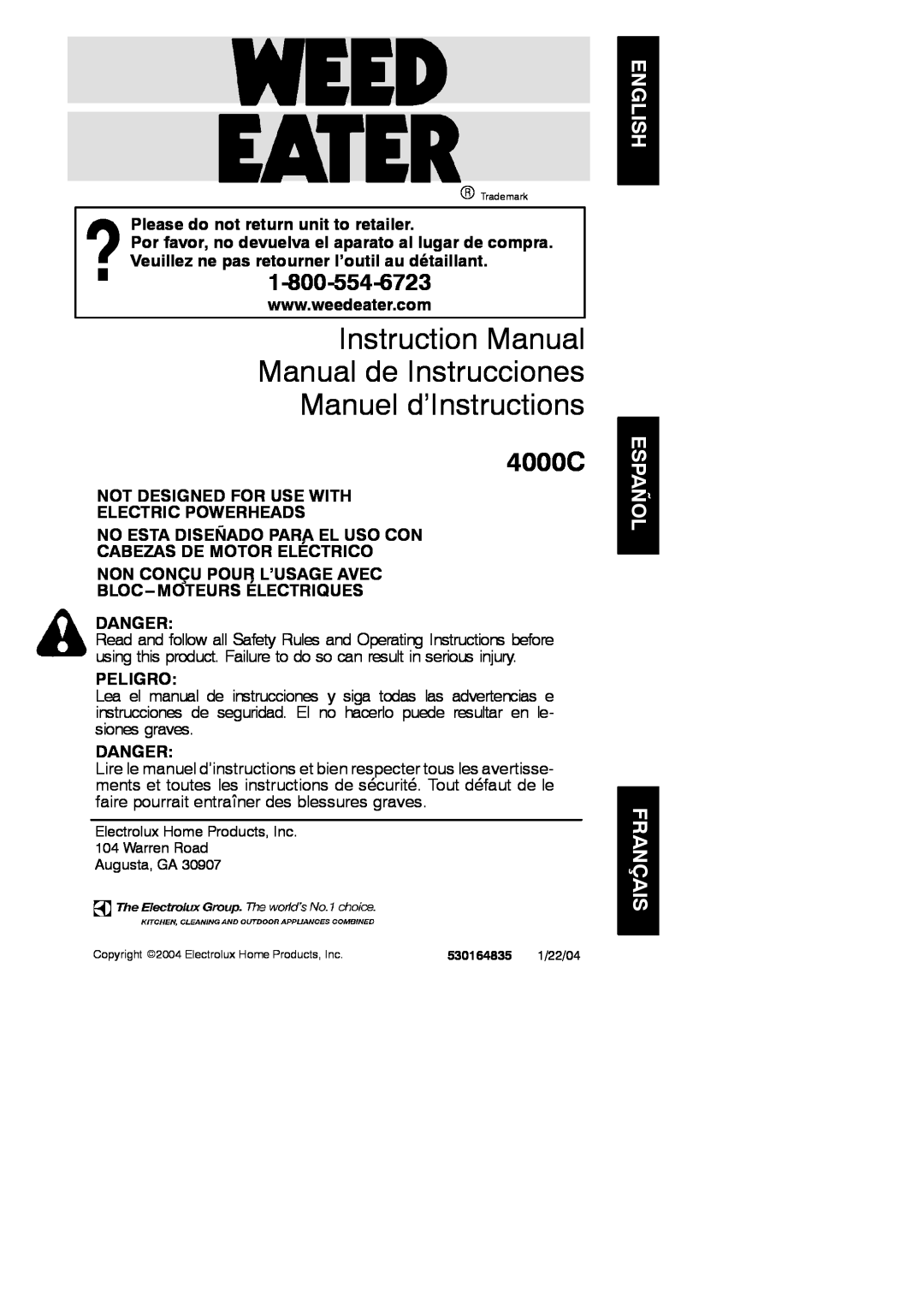 Weed Eater 530164835 instruction manual Please do not return unit to retailer, Danger, Peligro, Manuel d’Instructions 