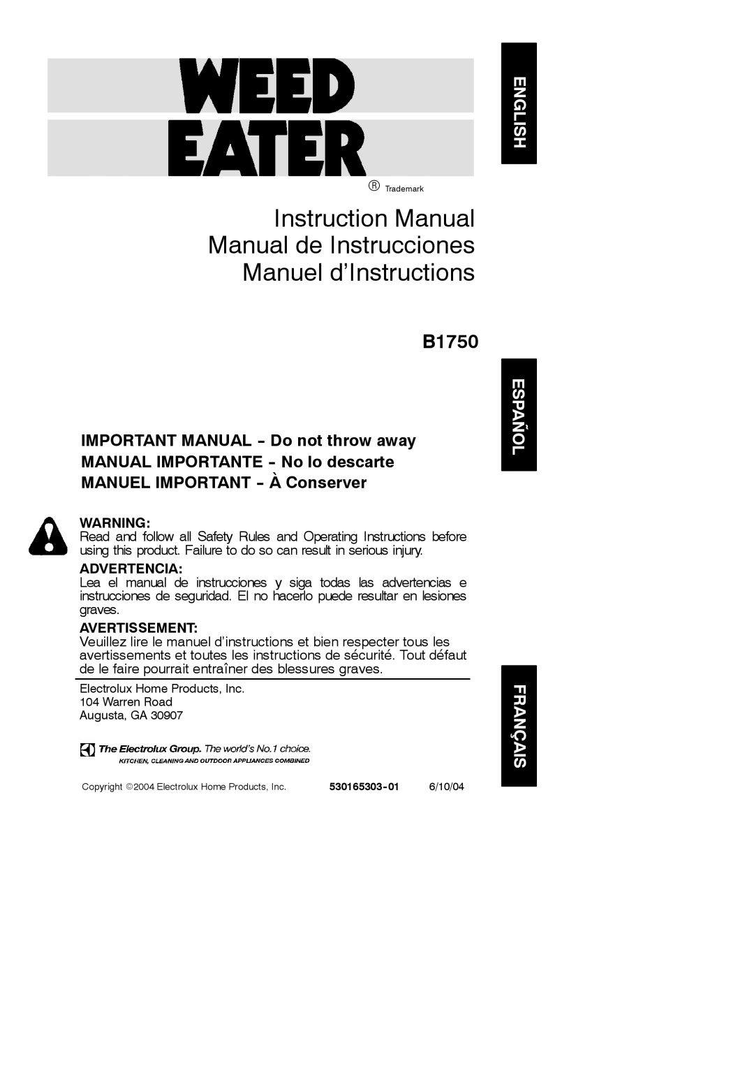 Weed Eater 530165303-01 instruction manual English Español Français, 10/04 