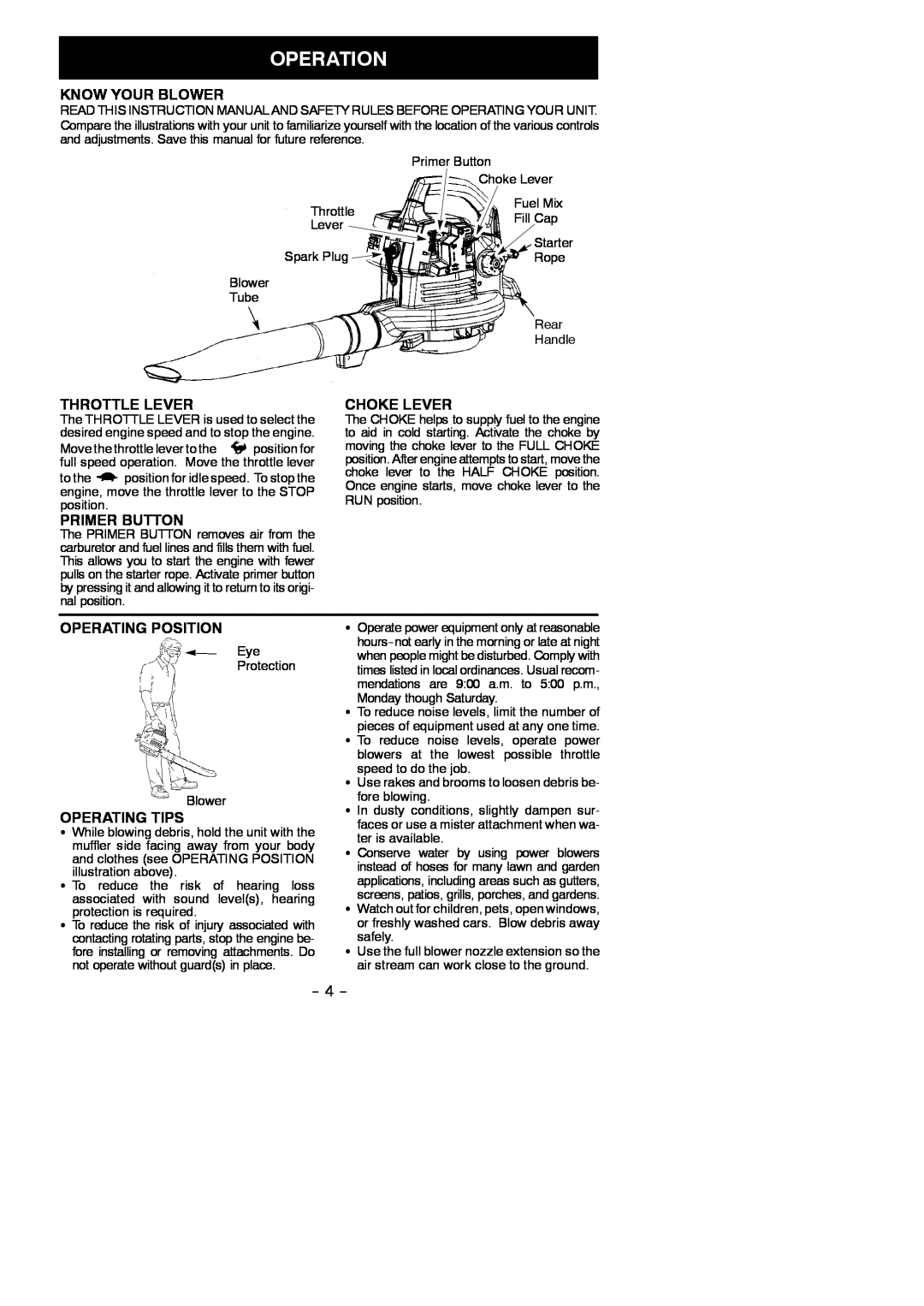 Weed Eater 530165303-01 Operation, Know Your Blower, Throttle Lever, Primer Button, Choke Lever, Operating Position 