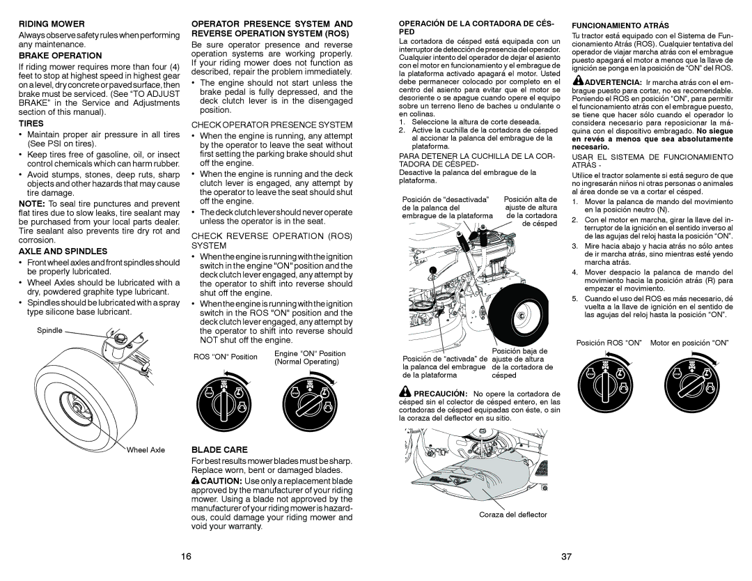 Weed Eater 532 44 57-77 warranty Riding Mower, Brake Operation, Tires, Axle and Spindles, Blade Care 