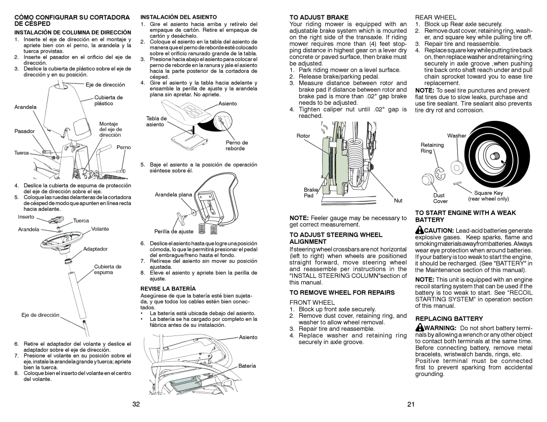 Weed Eater 532 44 57-77 Cómo Configurar SU Cortadora DE Césped, To Adjust Brake, To Adjust Steering Wheel Alignment 