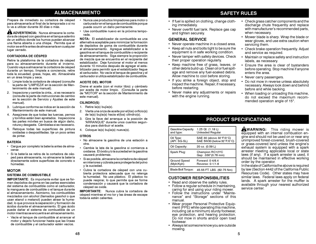 Weed Eater 532 44 57-77 Almacenamiento Safety Rules, Product Specifications, General Service, Customer Responsibilities 