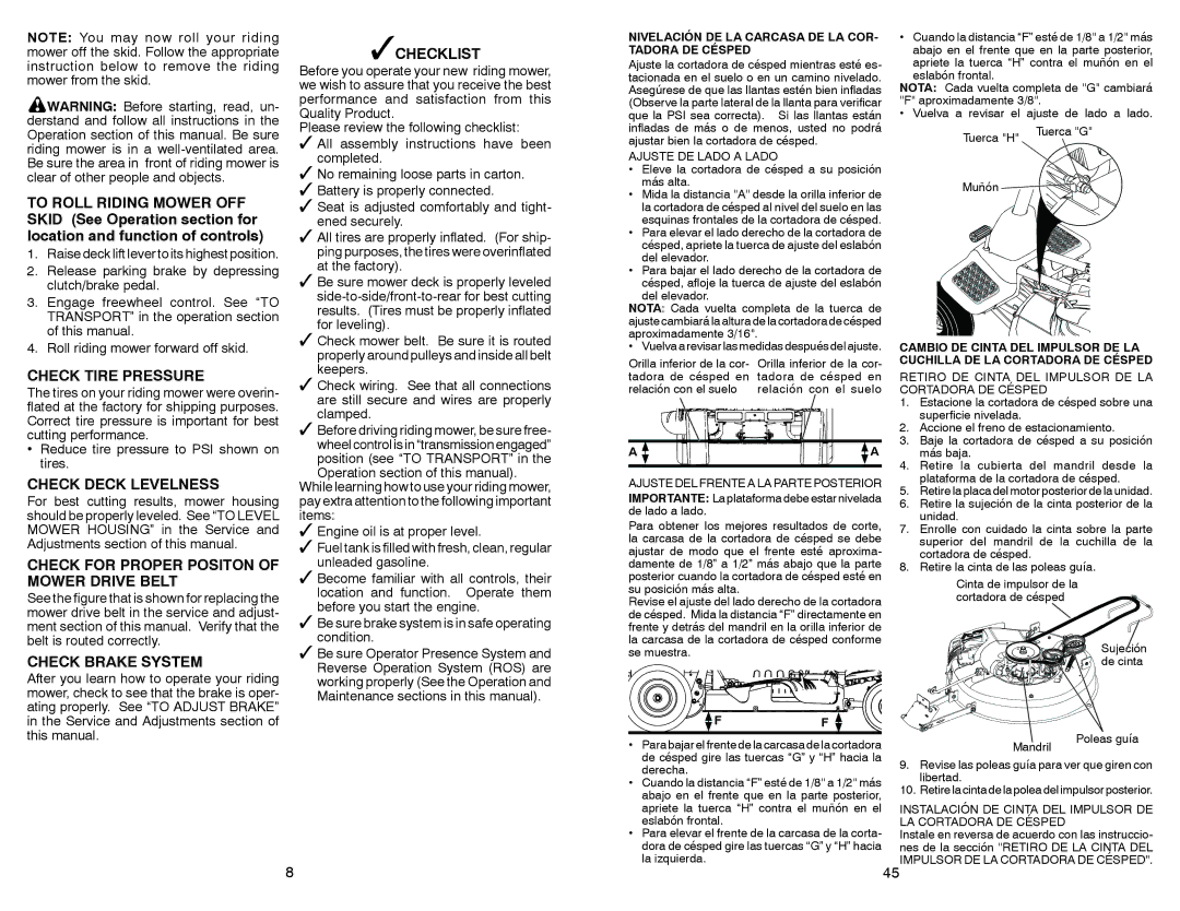 Weed Eater 532 44 57-77 Check Tire Pressure, Check Deck Levelness, Check for Proper Positon of Mower Drive Belt, Checklist 