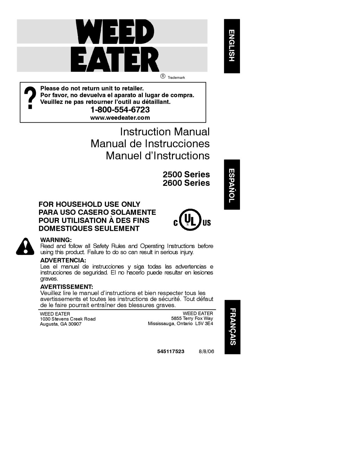 Weed Eater 545117523 instruction manual Manual de Instrucciones Manuel d’Instructions, English Español Français 