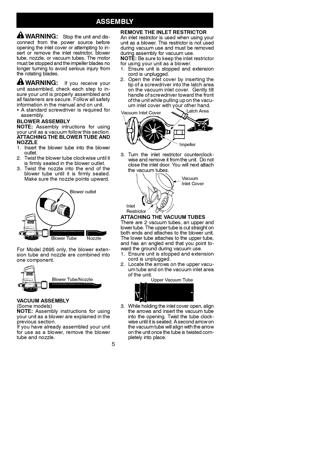 Weed Eater 545117523 Blower Assembly Attaching the Blower Tube and Nozzle, Remove the Inlet Restrictor 