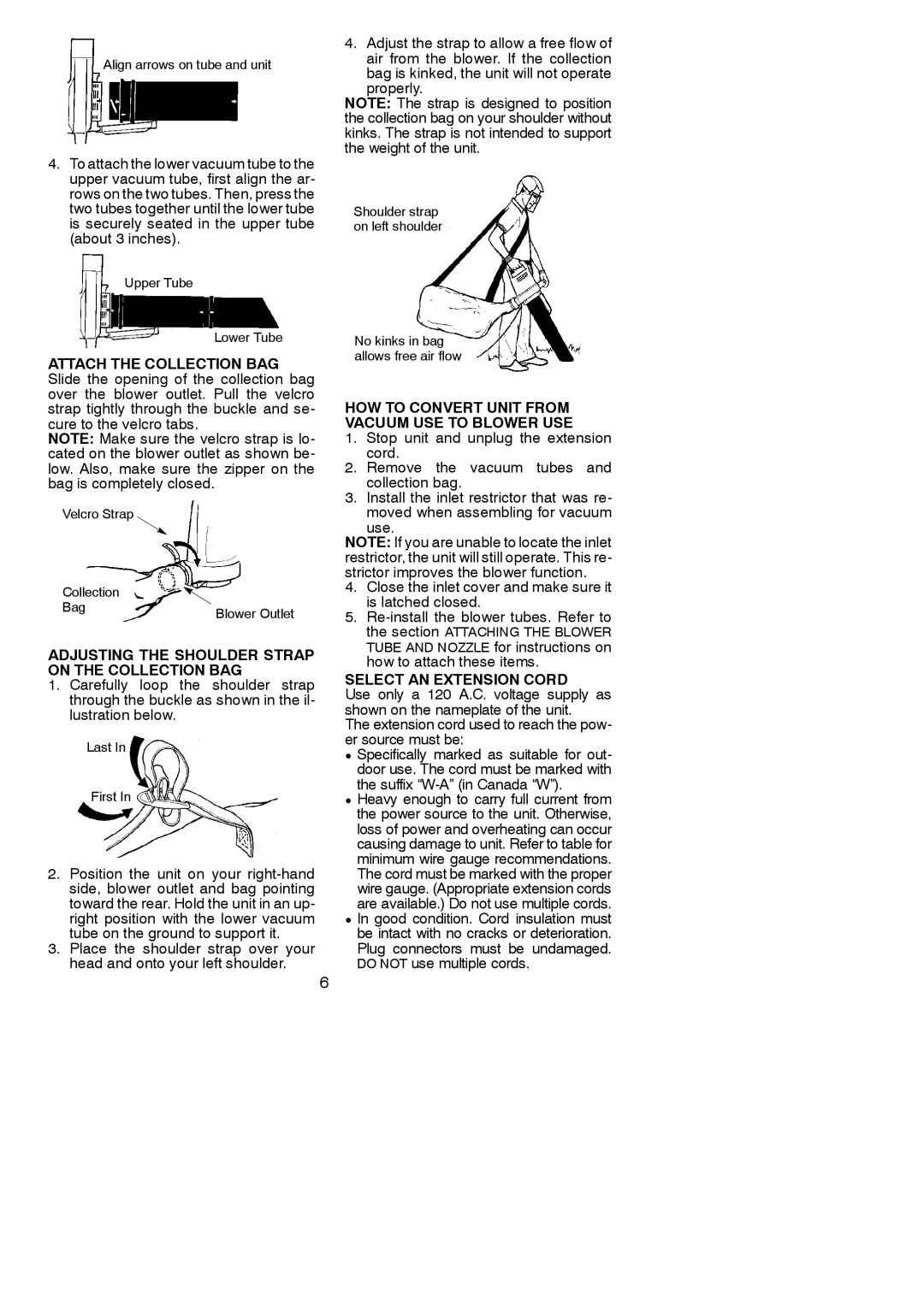 Weed Eater 545117523 Adjusting the Shoulder Strap on the Collection BAG, HOW to Convert Unit from Vacuum USE to Blower USE 