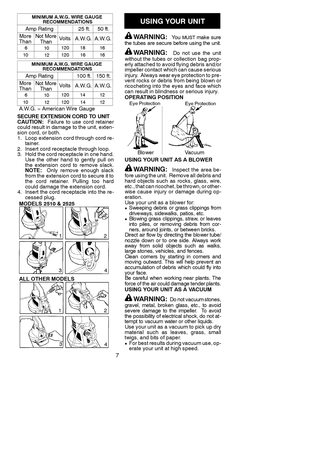 Weed Eater 545117523 ALL Other Models, Operating Position, Using Your Unit AS a Blower, Using Your Unit AS a Vacuum 