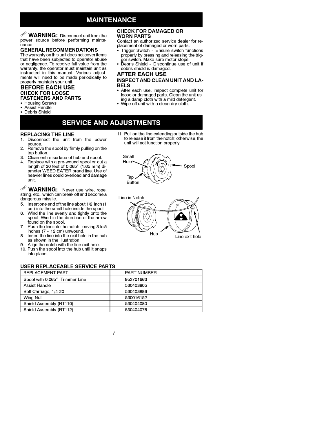 Weed Eater 545117526 instruction manual Maintenance, Service and Adjustments, Before Each USE, After Each USE 