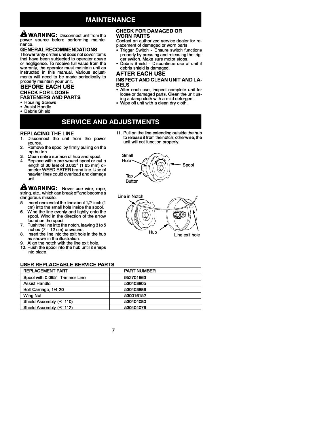 Weed Eater 545117526 instruction manual Maintenance, Service And Adjustments, Before Each Use, After Each Use 