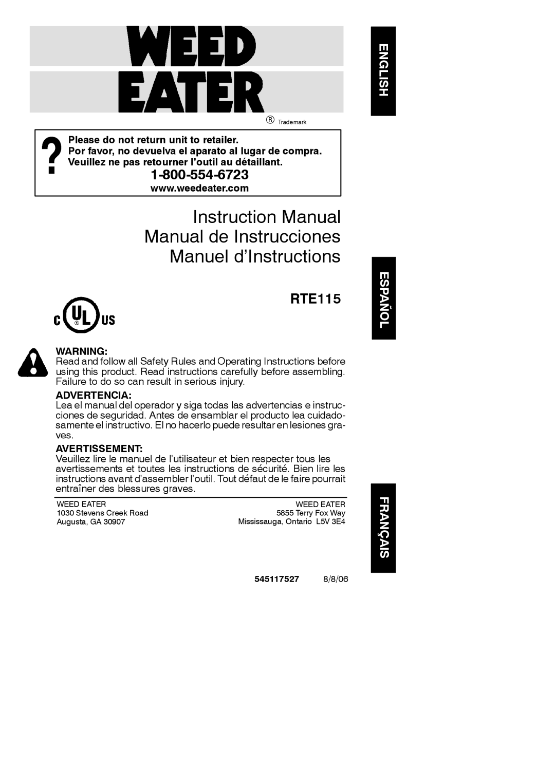 Weed Eater 545117527 instruction manual Advertencia, Avertissement 