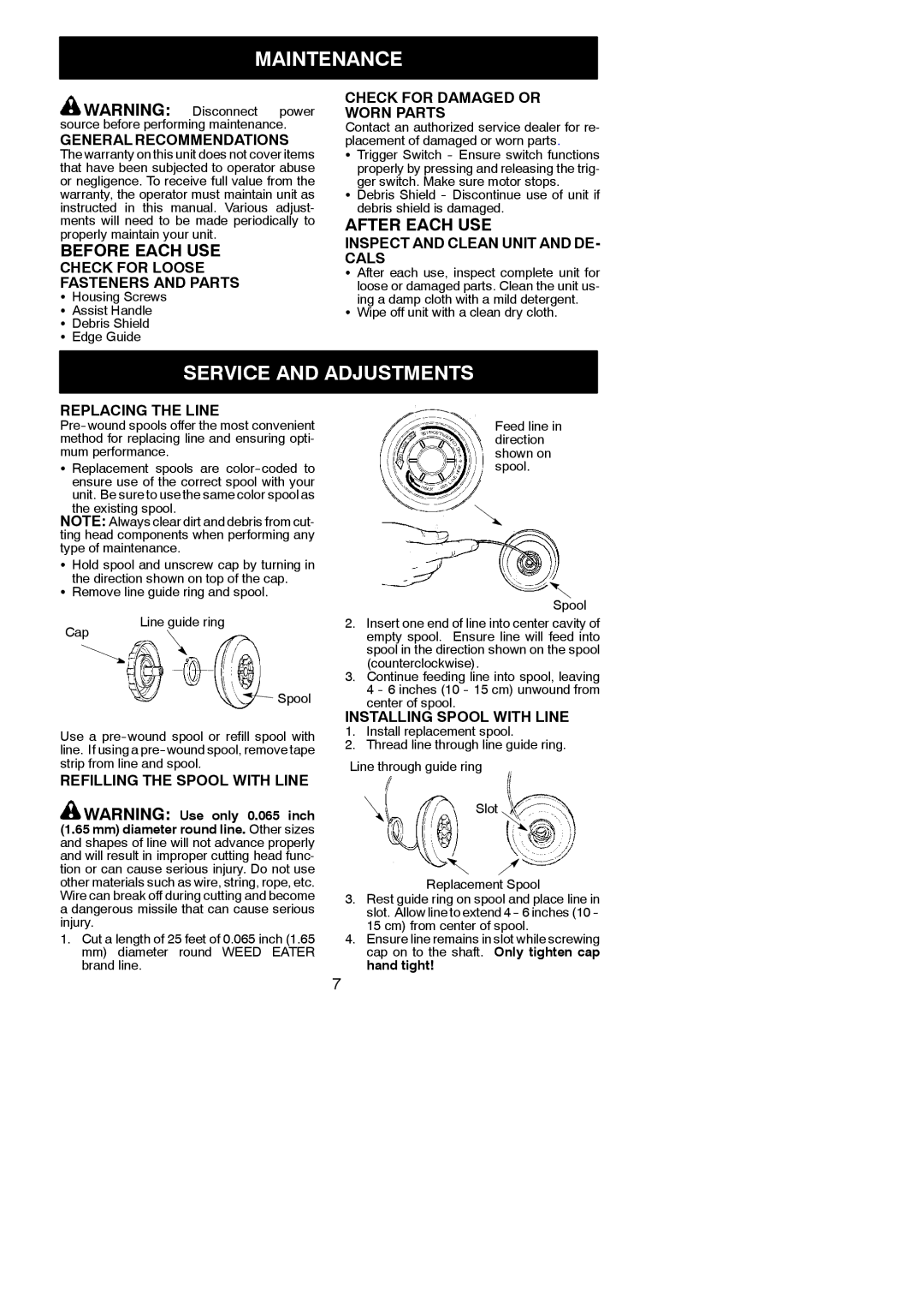 Weed Eater 545117527 instruction manual Maintenance, Service and Adjustments, Before Each USE, After Each USE 