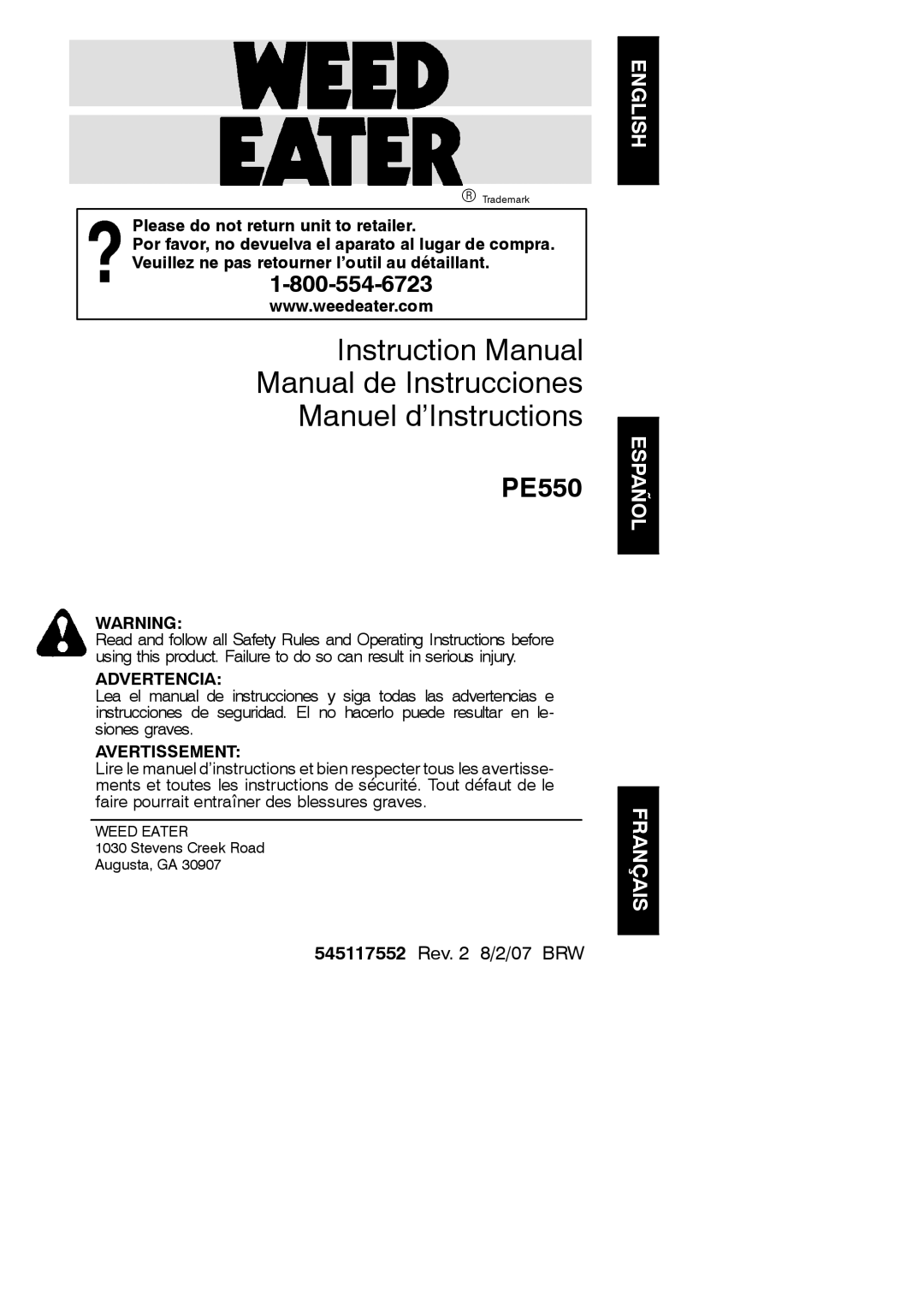 Weed Eater 545117552 instruction manual Manual de Instrucciones Manuel d’Instructions 