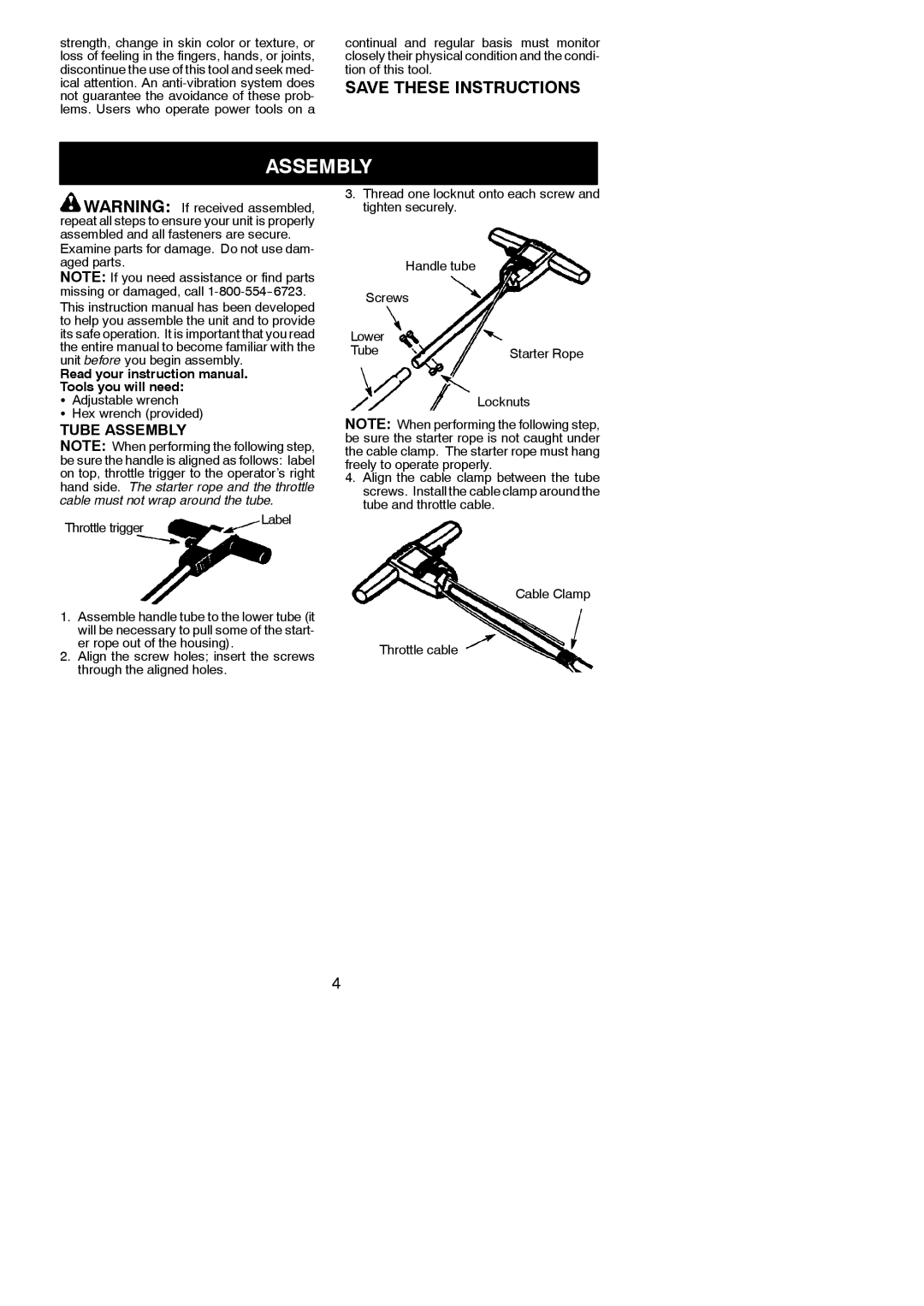 Weed Eater 545117552 Tube Assembly, Examine parts for damage. Do not use dam- aged parts, Throttle trigger 