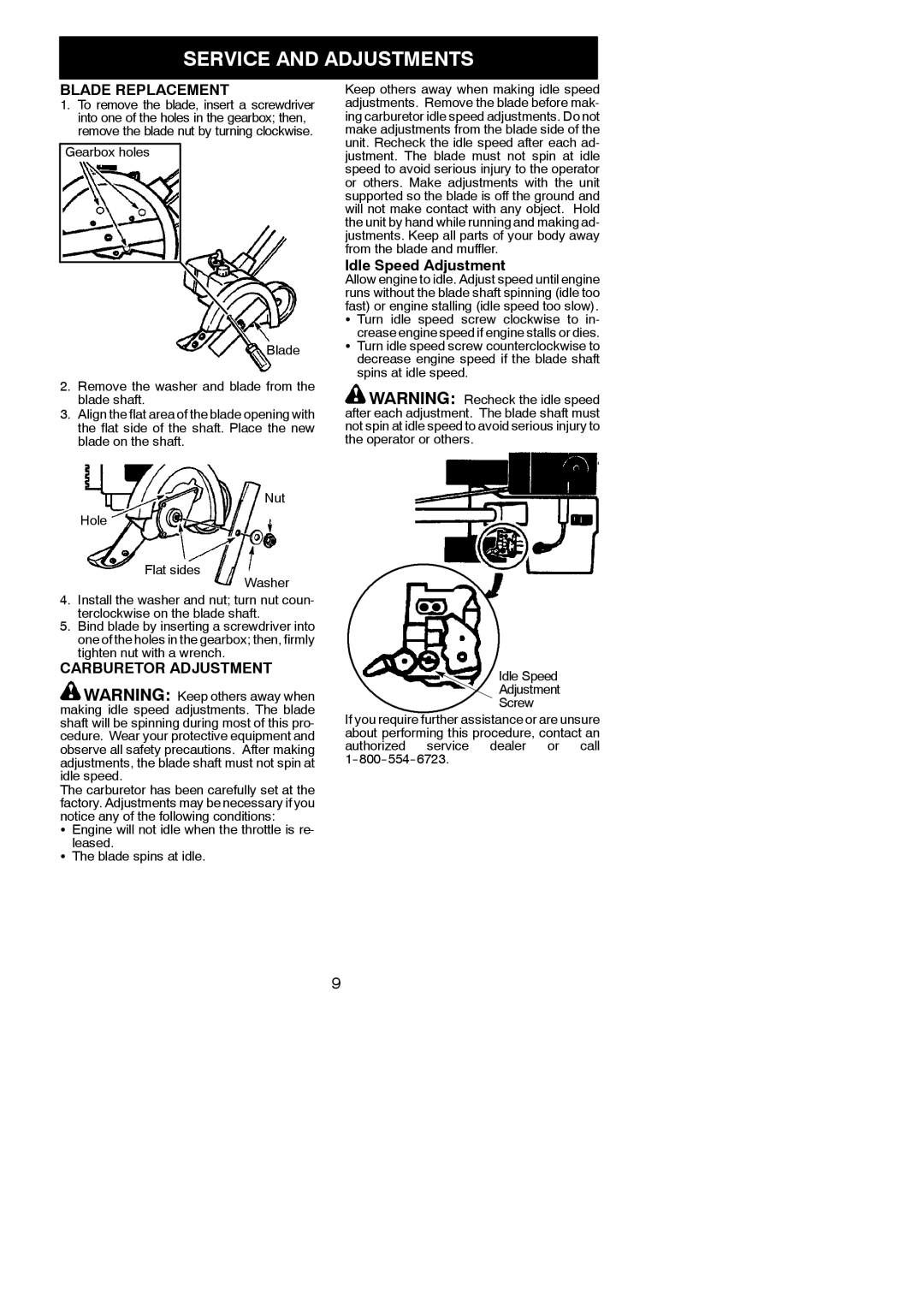 Weed Eater 545117552 Service and Adjustments, Blade Replacement, Carburetor Adjustment, Idle Speed Adjustment 