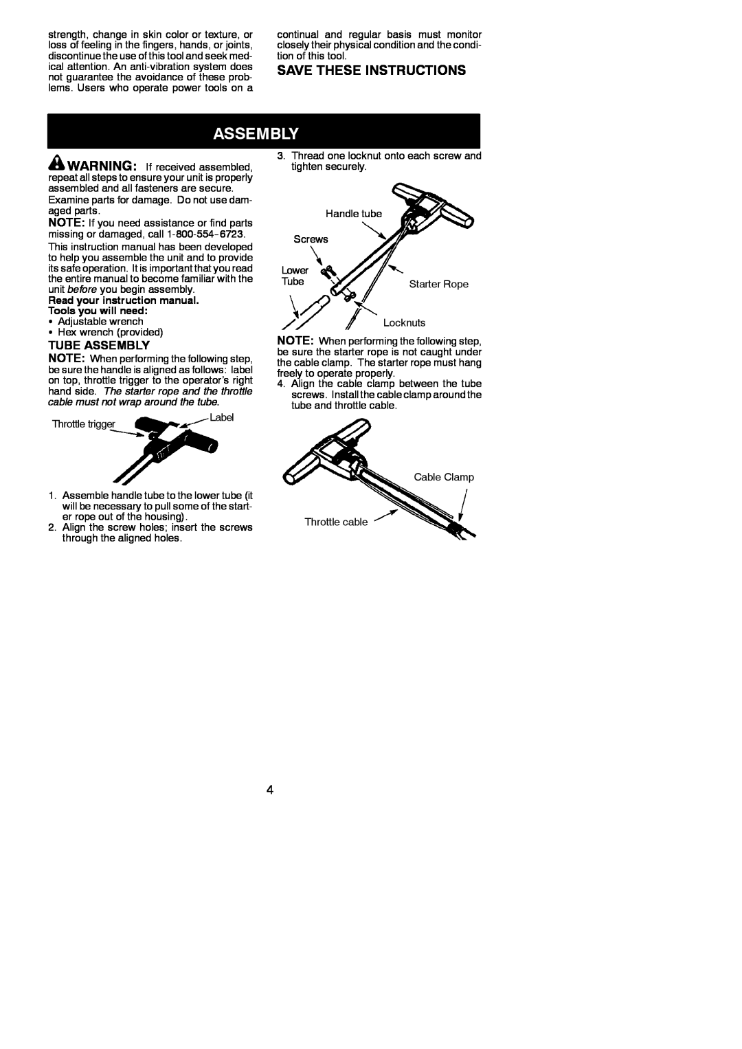 Weed Eater 545117552 instruction manual Save These Instructions, Tube Assembly 