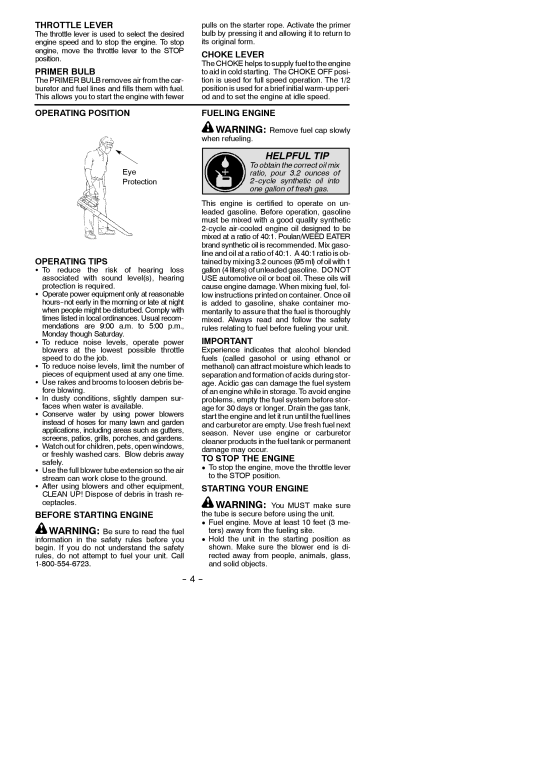 Weed Eater 545137215 Throttle Lever, Primer Bulb, Choke Lever, Operating Position, Operating Tips, To Stop the Engine 