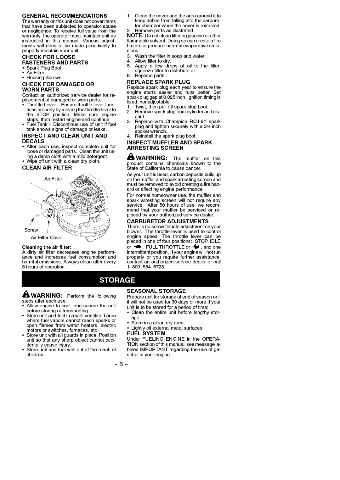 Weed Eater 545137215 instruction manual Storage 