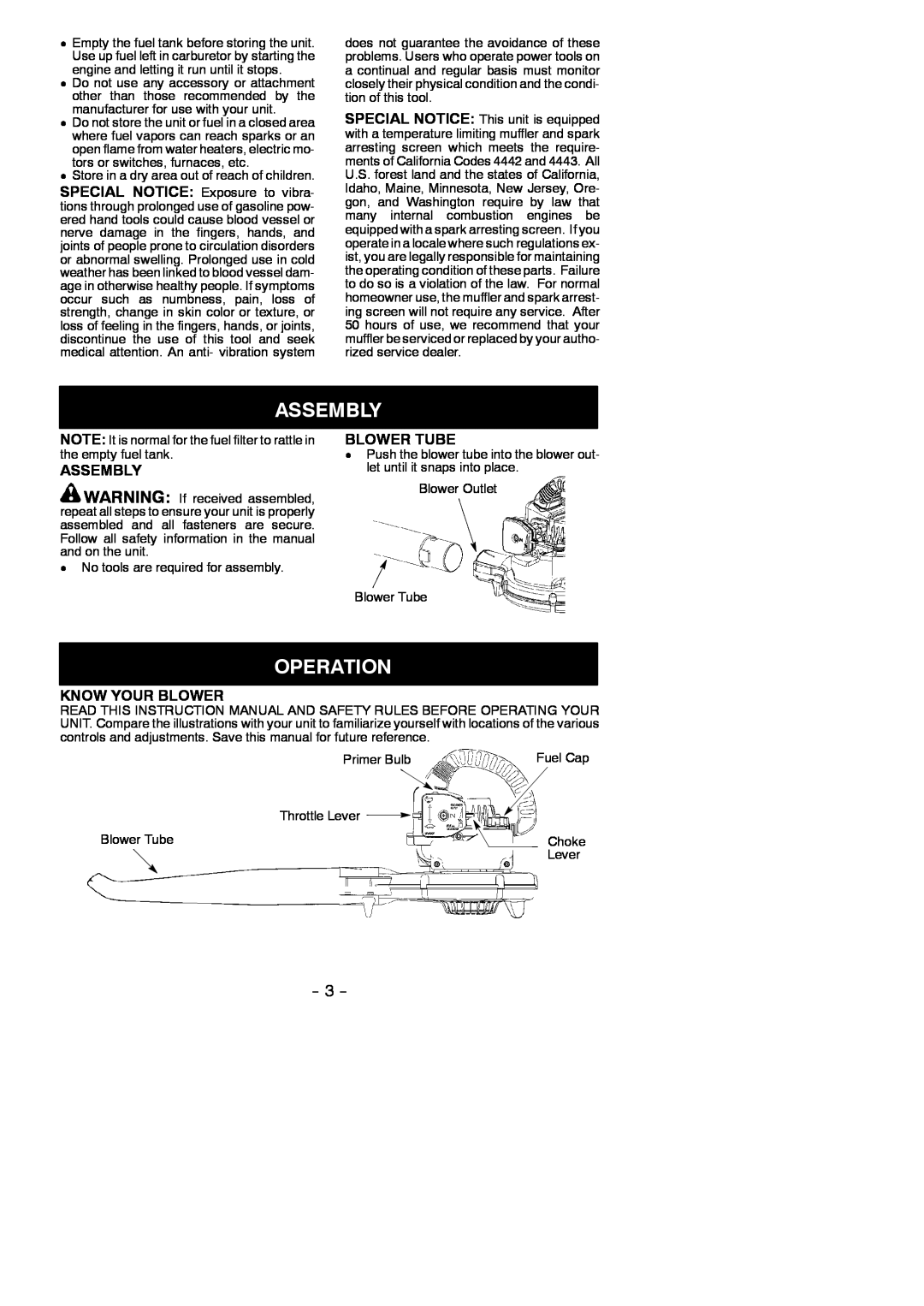 Weed Eater 545137215 instruction manual Assembly, Operation, Blower Tube, Know Your Blower 
