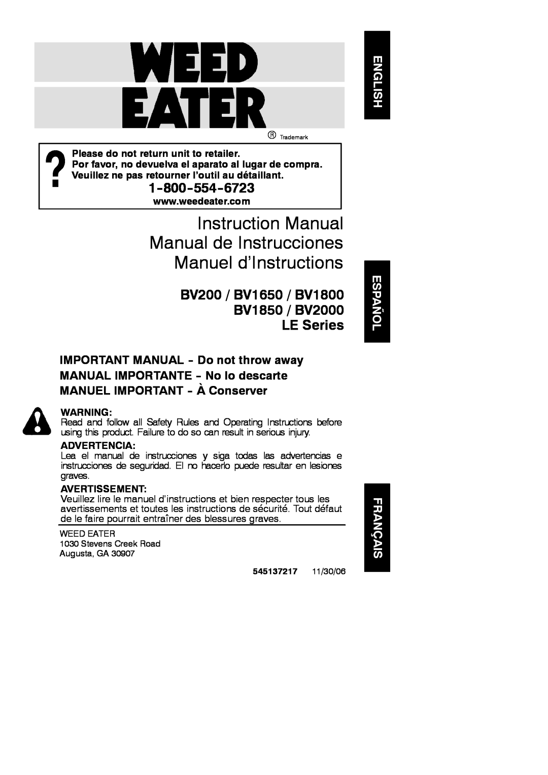 Weed Eater 545137217 instruction manual Manuel d’Instructions, BV200 / BV1650 / BV1800 BV1850 / BV2000 LE Series 