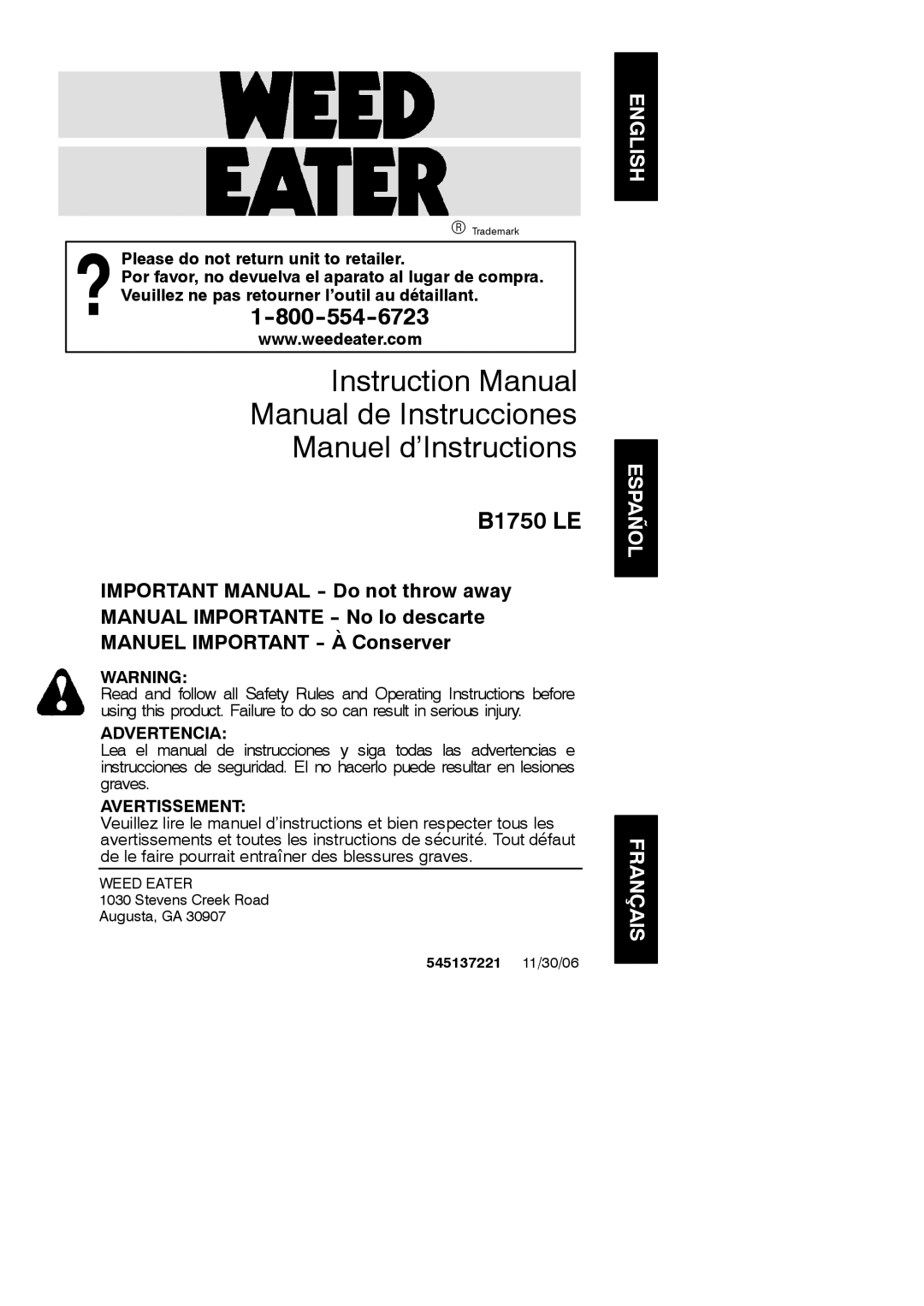 Weed Eater 545137221 instruction manual Manual de Instrucciones Manuel d’Instructions 