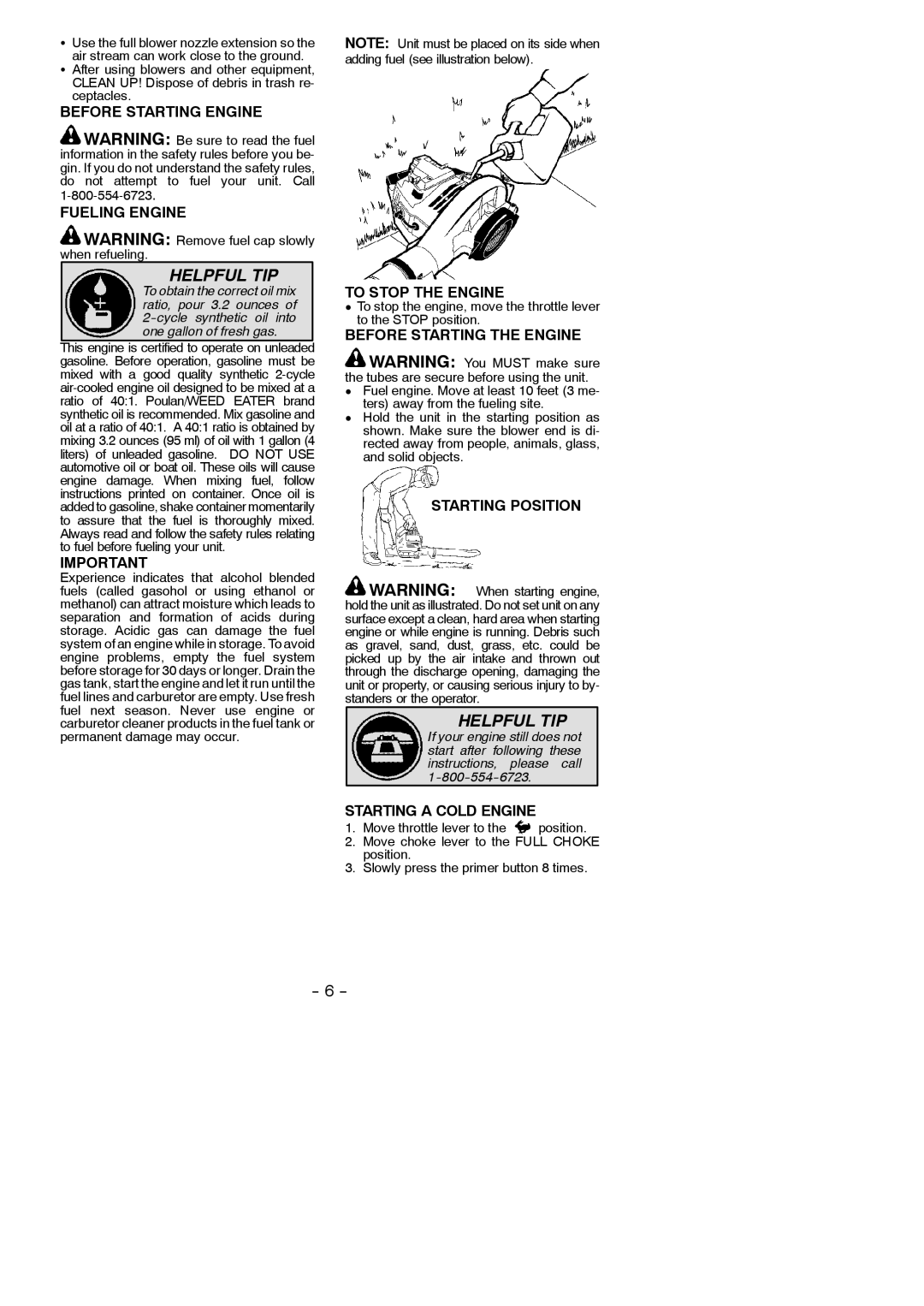 Weed Eater 545137221 Before Starting Engine Fueling Engine, To Stop the Engine, Before Starting the Engine 