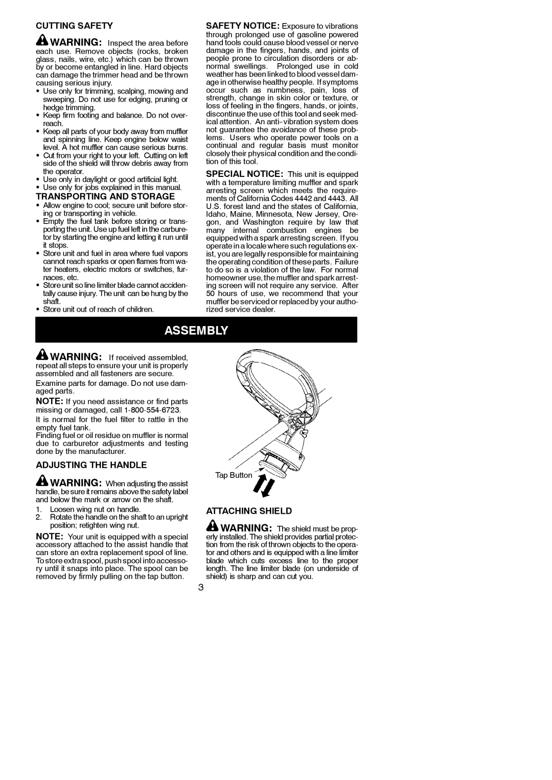 Weed Eater FX26S, 545137264 Assembly, Cutting Safety, Transporting and Storage, Adjusting the Handle, Attaching Shield 