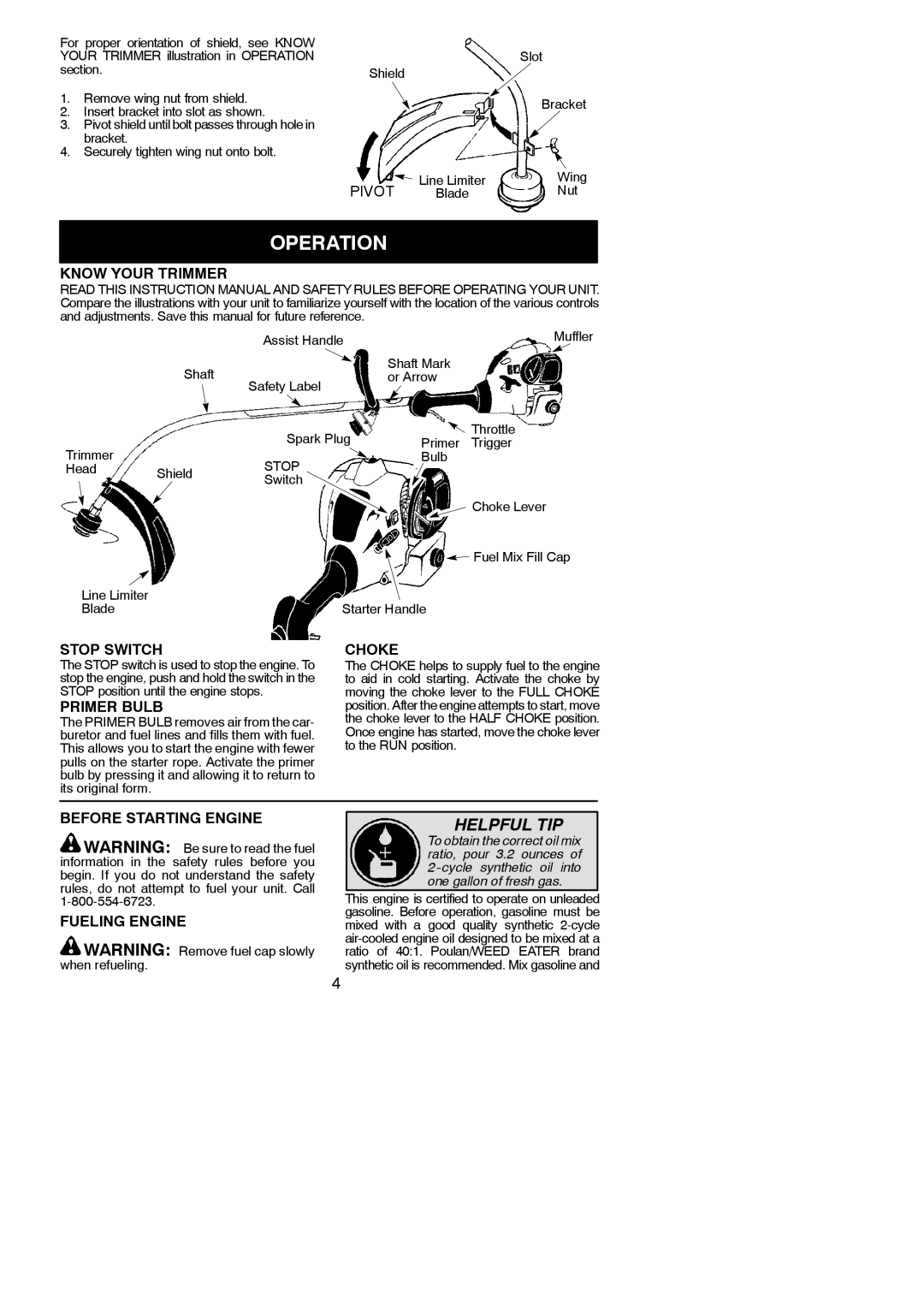 Weed Eater 545137264, FX26S instruction manual Operation 