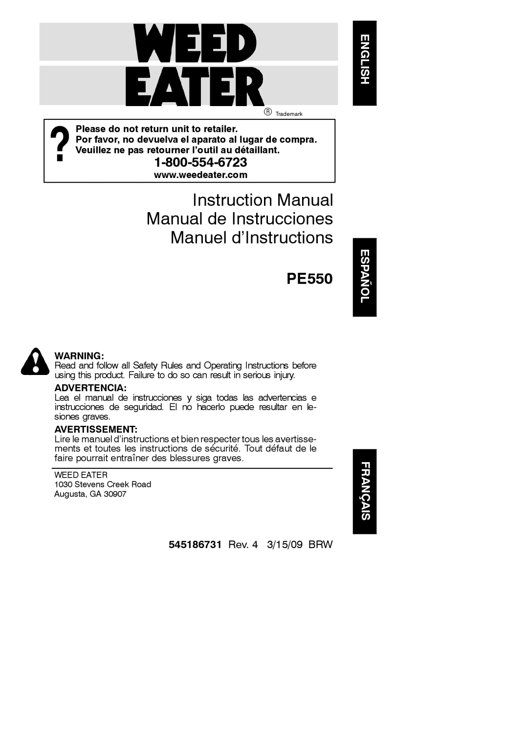 Weed Eater 545186731 instruction manual Manual de Instrucciones Manuel d’Instructions 