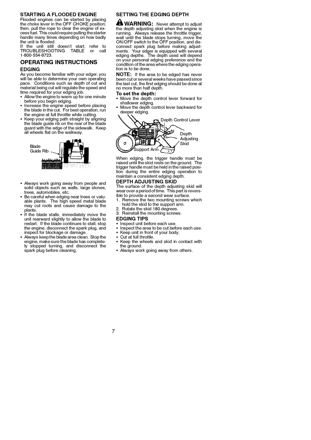 Weed Eater 545186731 Starting a Flooded Engine, Setting the Edging Depth, To set the depth, Edging Tips 