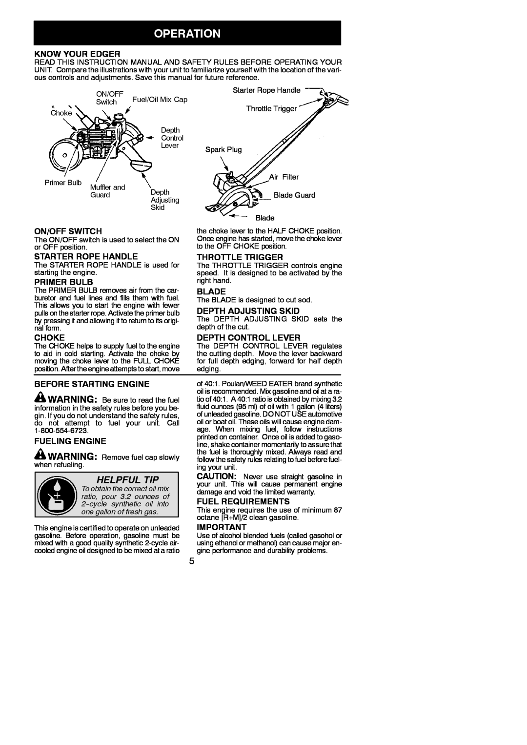 Weed Eater 545186731 Operation, Helpful Tip, Know Your Edger, On/Off Switch, Starter Rope Handle, Primer Bulb, Blade 