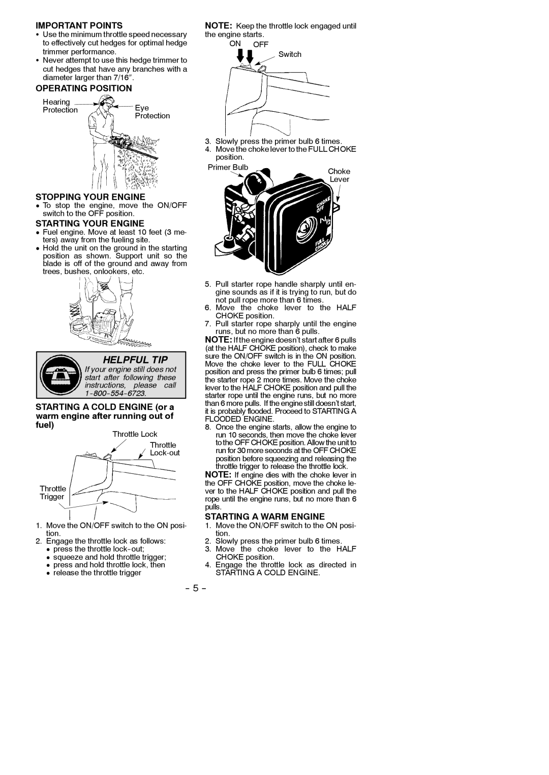 Weed Eater GHT 195, 545186732, GHT 225 Important Points, Operating Position, Stopping Your Engine, Starting Your Engine 