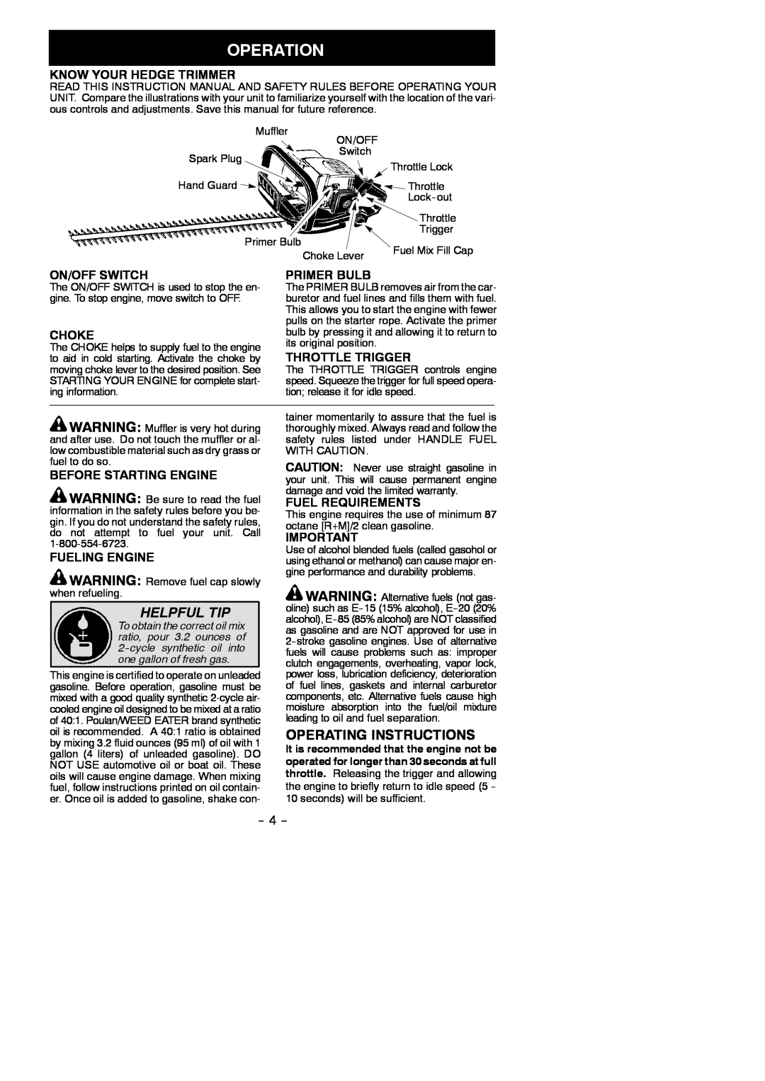 Weed Eater GHT 225 Operation, Helpful Tip, Operating Instructions, Know Your Hedge Trimmer, On/Off Switch, Primer Bulb 