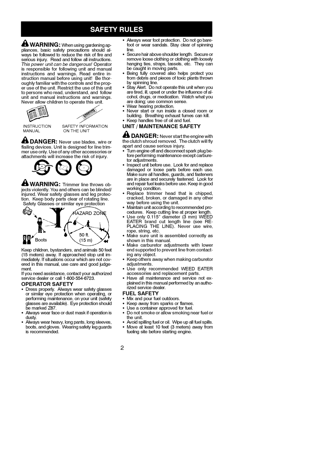 Weed Eater 545186748 instruction manual Safety Rules, Operator Safety, Unit / Maintenance Safety, Fuel Safety 