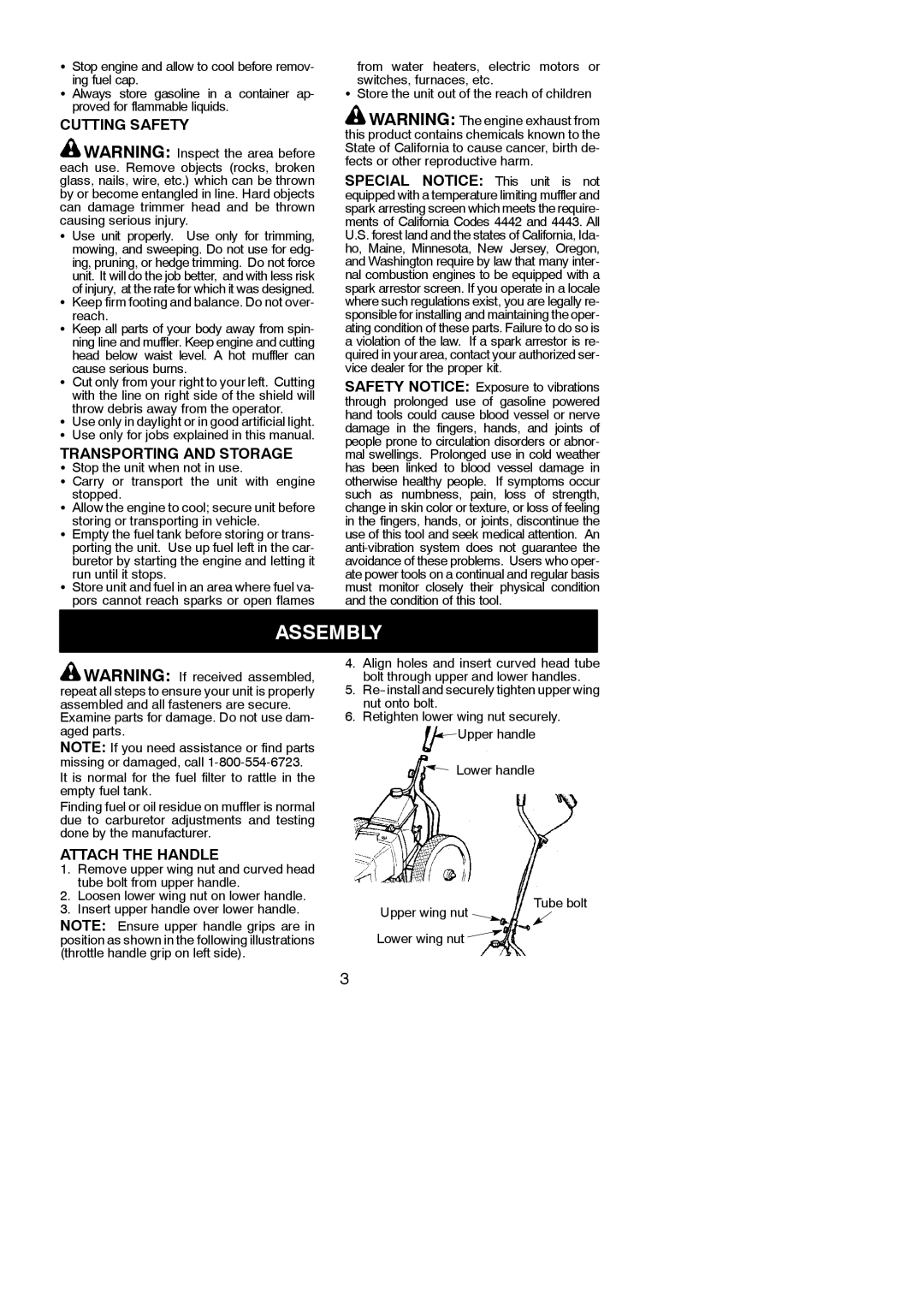 Weed Eater 545186748 instruction manual Assembly, Cutting Safety, Transporting and Storage, Special Notice This unit is not 