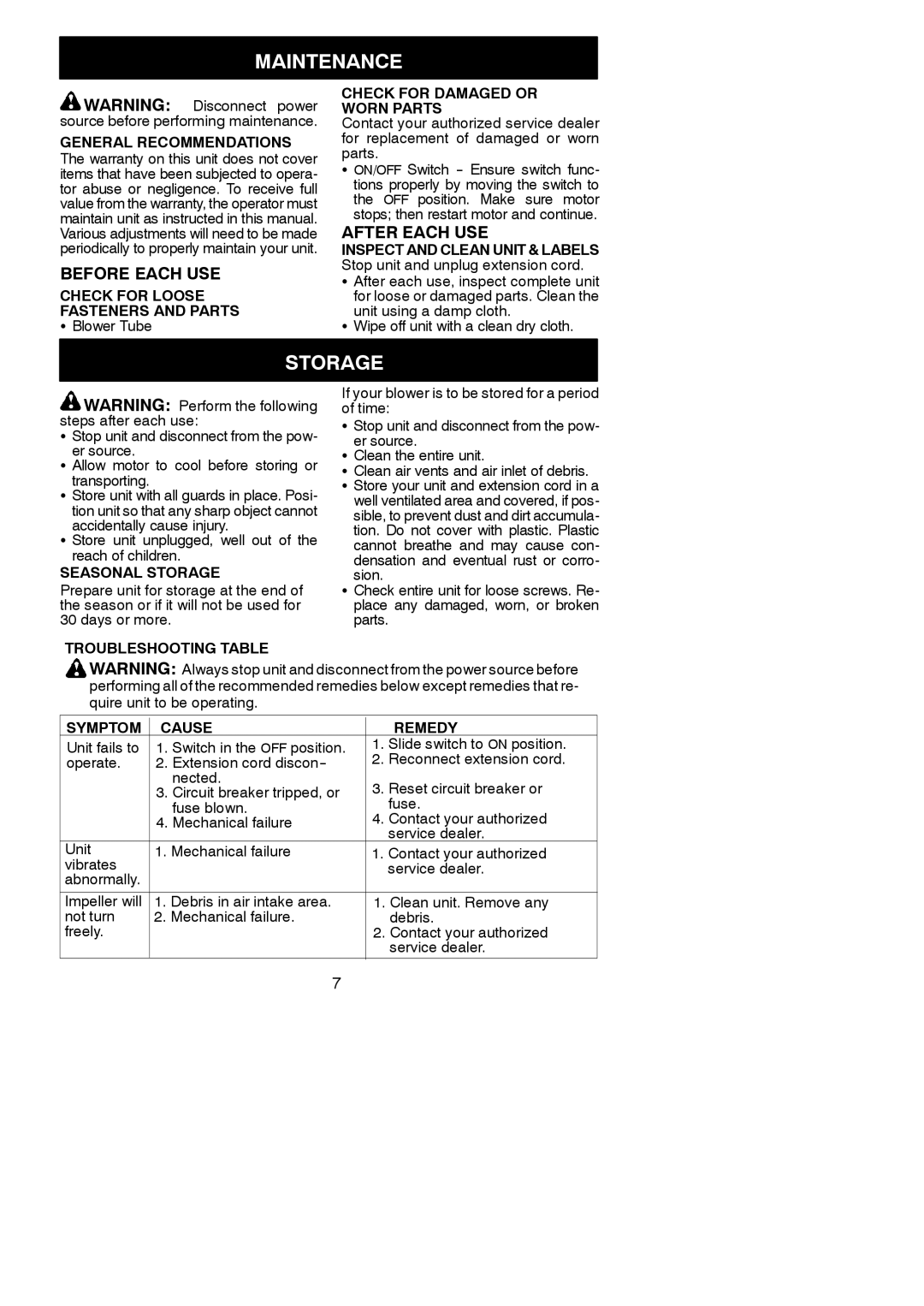 Weed Eater 952711845, 545186749 instruction manual Maintenance, Storage, Before Each USE, After Each USE 