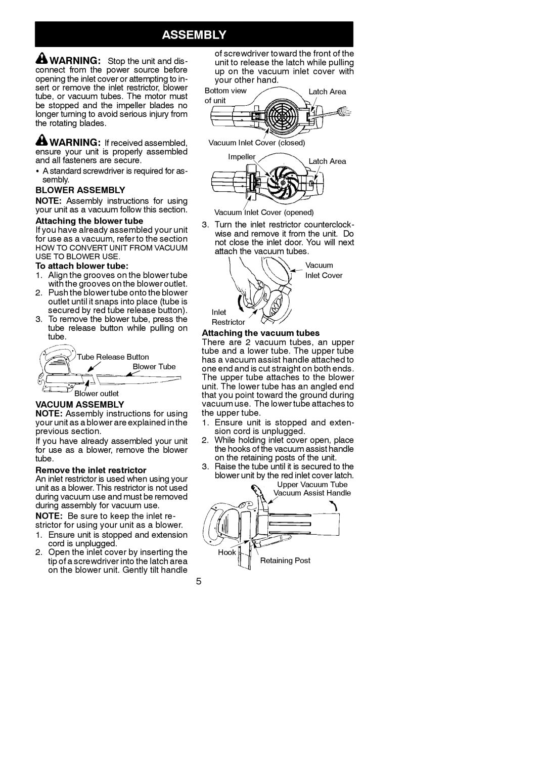 Weed Eater 545186750 Standard screwdriver is required for as- sembly, Blower Assembly, Vacuum Assembly 