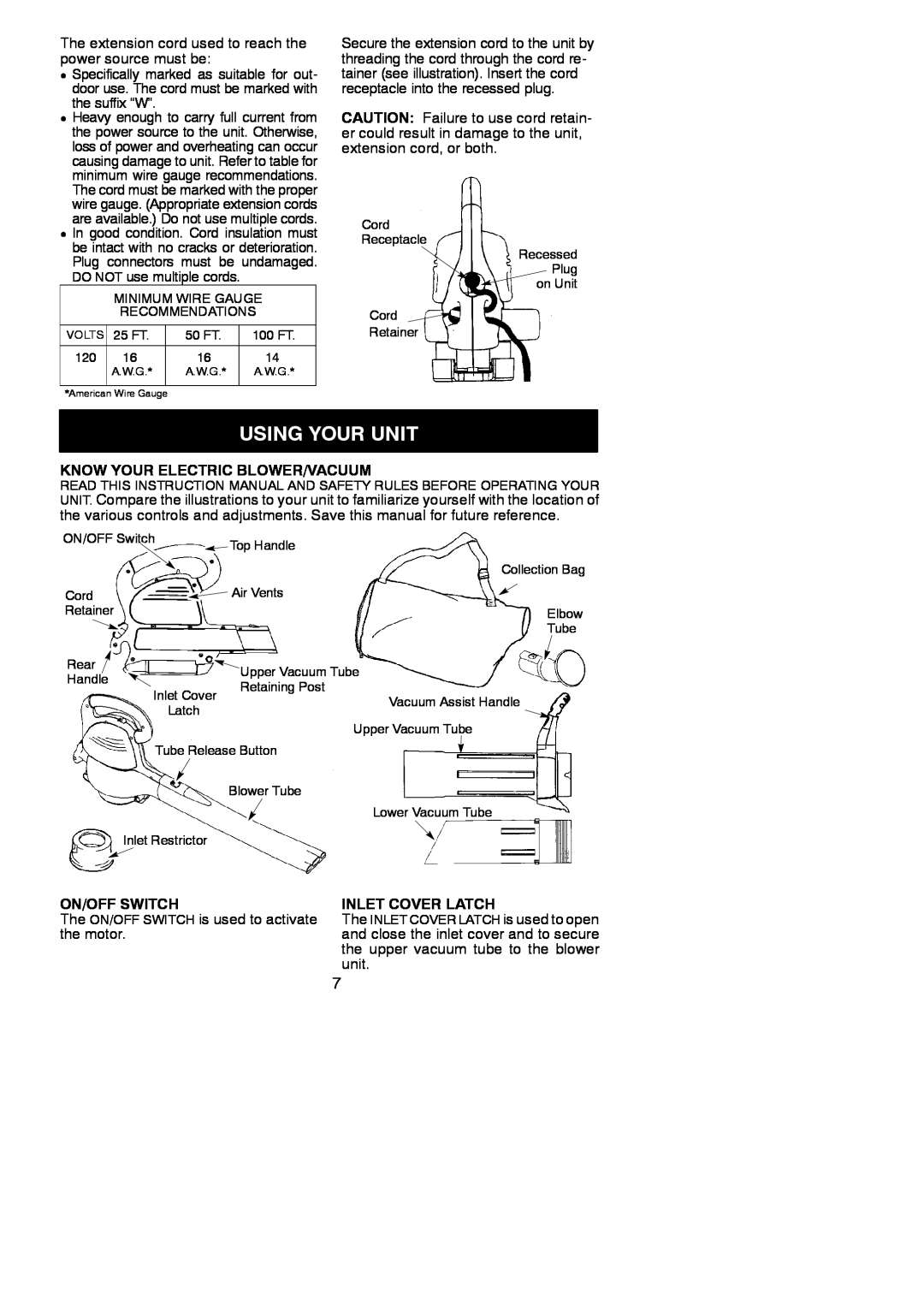 Weed Eater 545186750 instruction manual Using Your Unit, Know Your Electric Blower/Vacuum, On/Off Switch, Inlet Cover Latch 