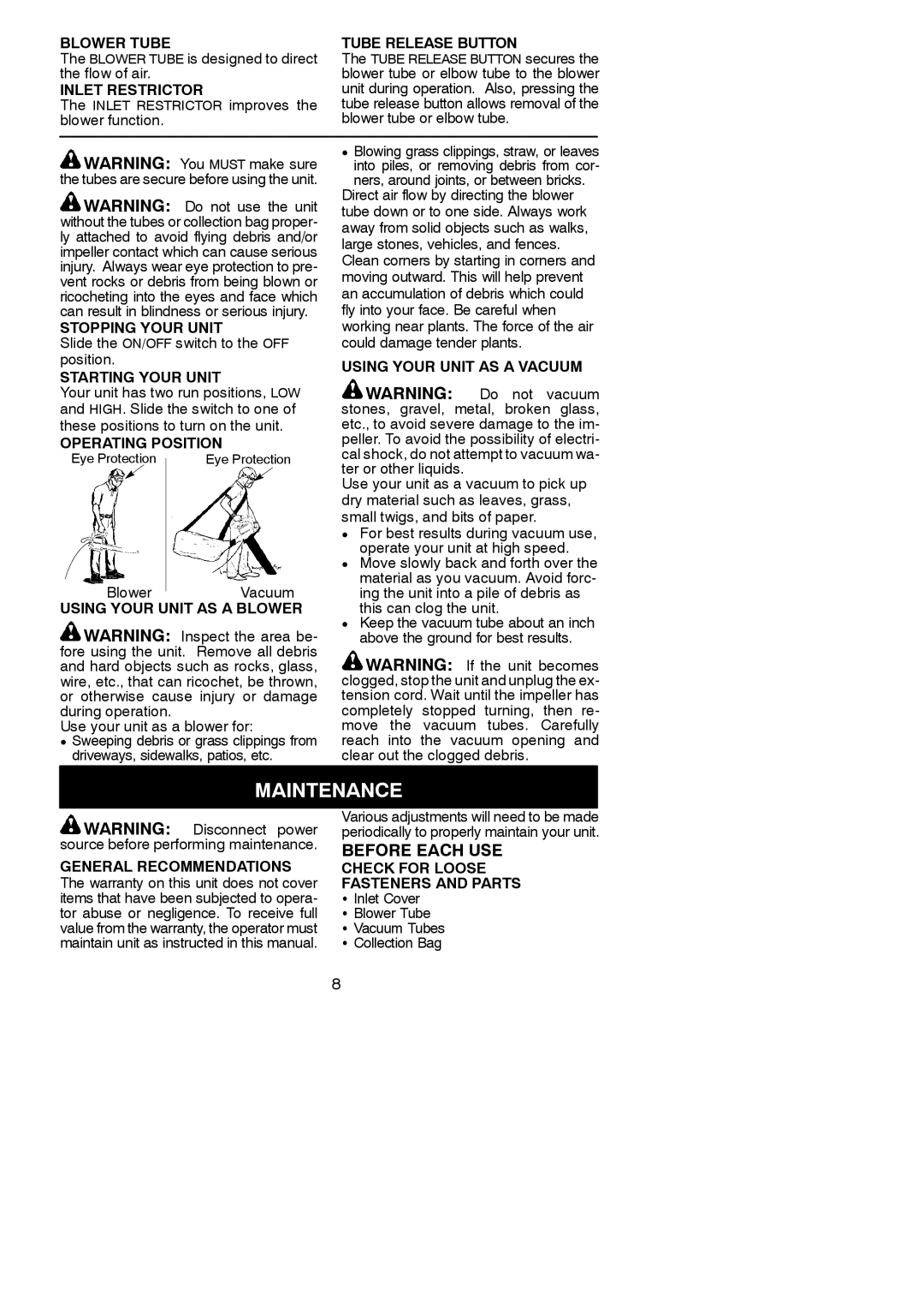 Weed Eater 545186754, 952711852 instruction manual Maintenance, Before Each USE 