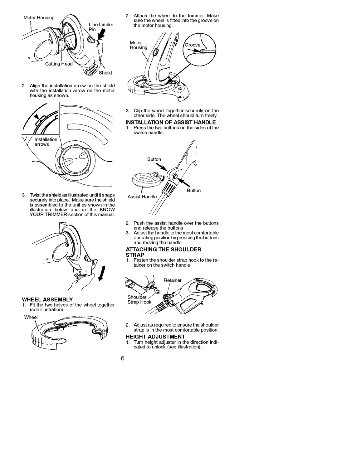 Weed Eater 545186757 Wheel Assembly, Installation of Assist Handle, Attaching the Shoulder Strap, Height Adjustment 