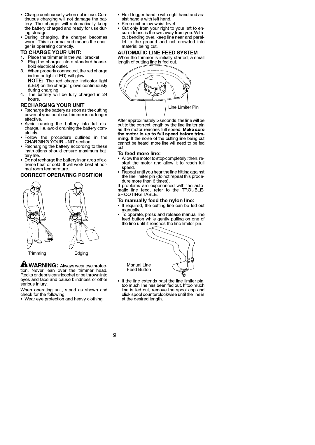 Weed Eater 545186757 To Charge Your Unit, Recharging Your Unit, Correct Operating Position, Automatic Line Feed System 