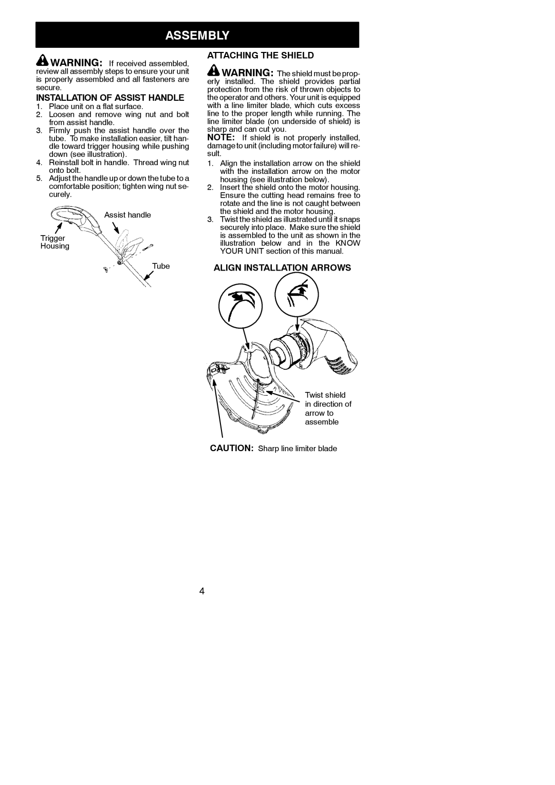 Weed Eater 952711708, 545186758 Assembly, Installation of Assist Handle, Attaching the Shield, Align Installation Arrows 