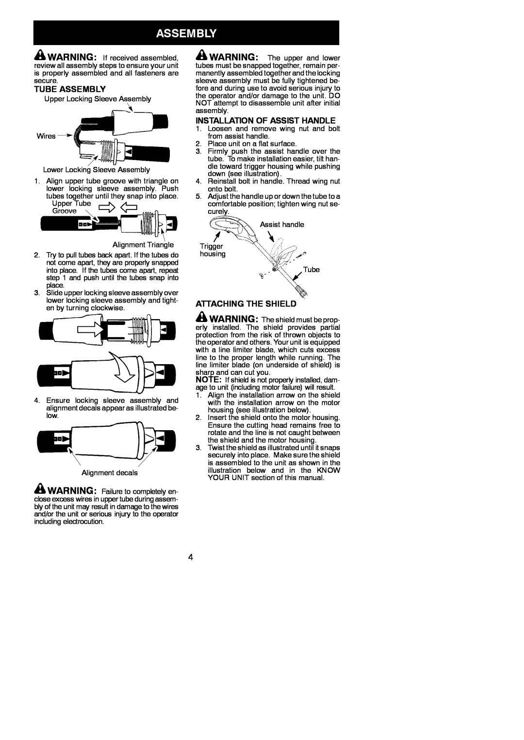 Weed Eater 545186760 instruction manual Tube Assembly, Installation Of Assist Handle, Attaching The Shield 